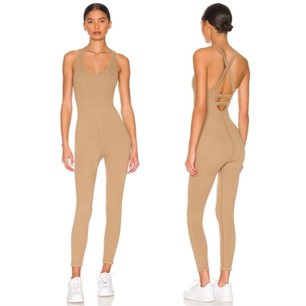 Free People Movement Free Throw Ribbed Onesie Jumpsuit in Mushroom Tan Small
